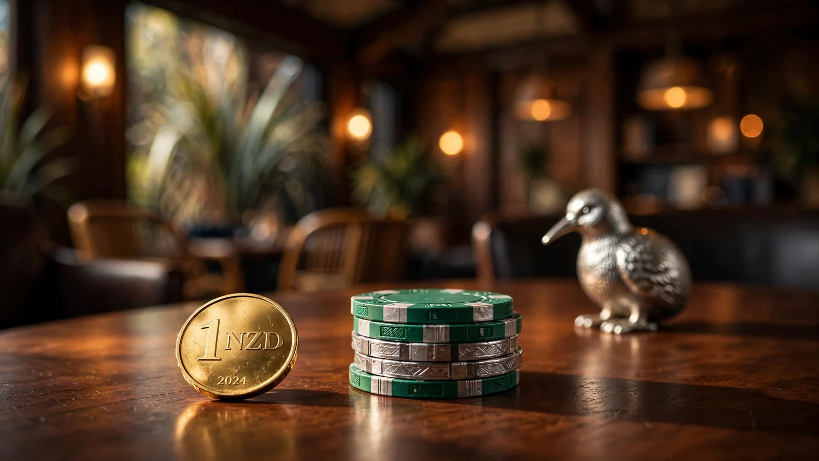 Gold one-dollar coin beside casino chips in a moody lounge setting with a New Zealand kiwi figurine.