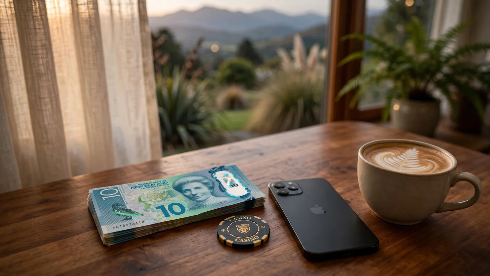 NZ$10 banknotes, a casino chip and a face-down phone on a wooden table in a New Zealand home.