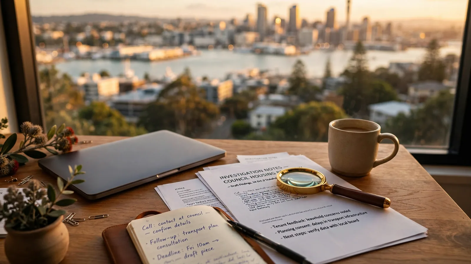 Editorial desk with documents and a magnifying glass overlooking Auckland at golden hour.