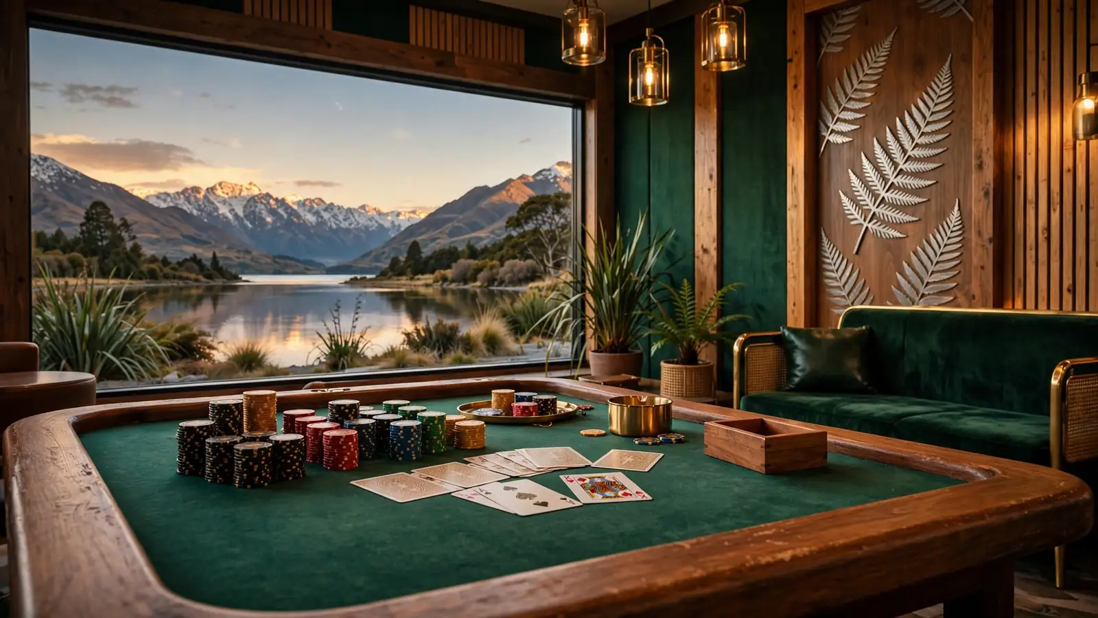 Casino lounge with roulette table overlooking New Zealand alpine lake