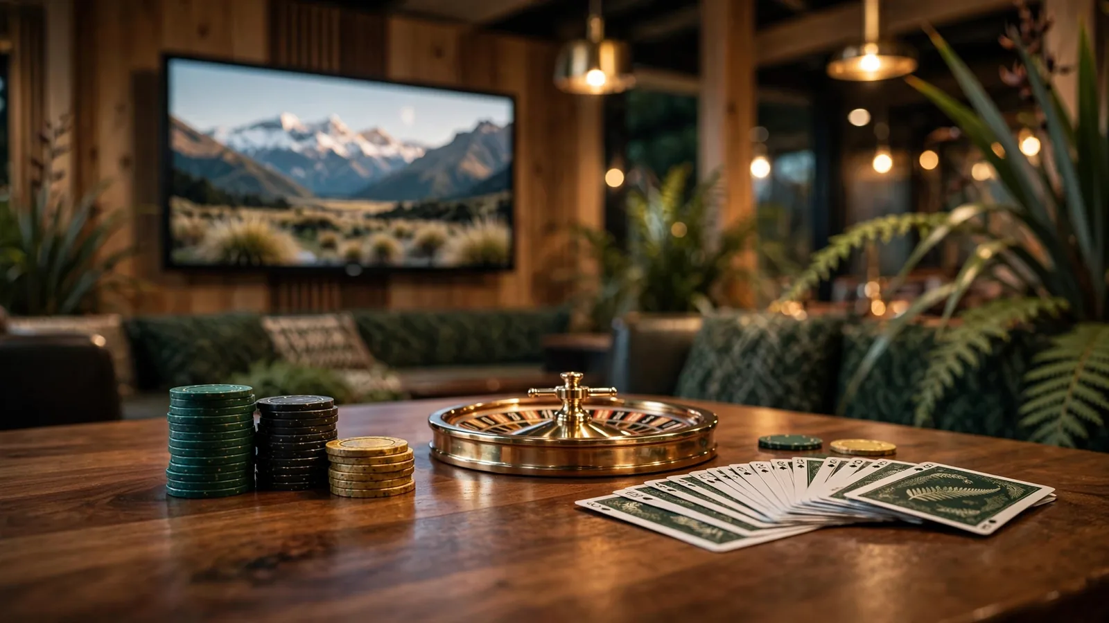 Casino table with chips, roulette, and cards in a New Zealand lounge