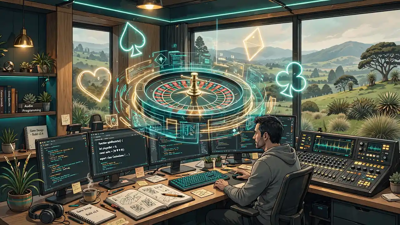 Stylized casino game studio workspace with holographic roulette wheel and New Zealand landscape view