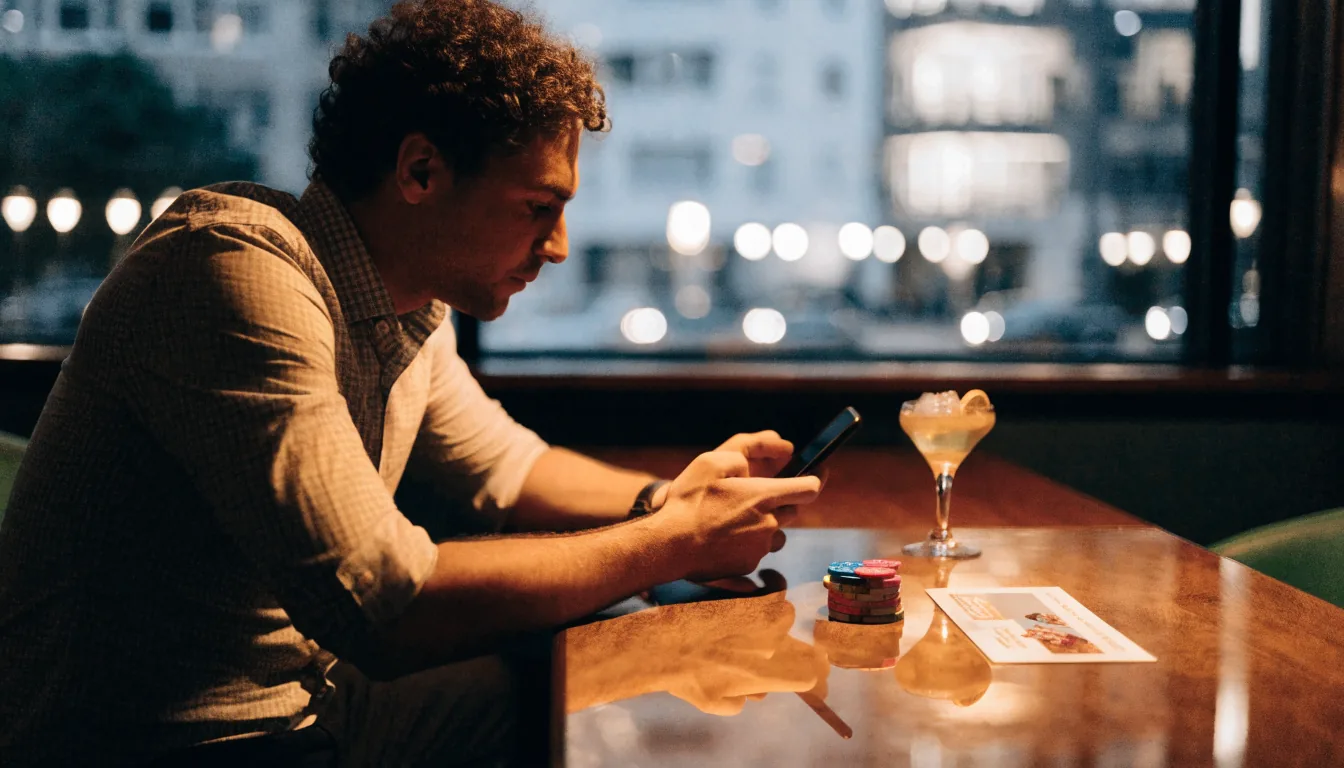 New Zealand player with smartphone and casino chips at a lounge table