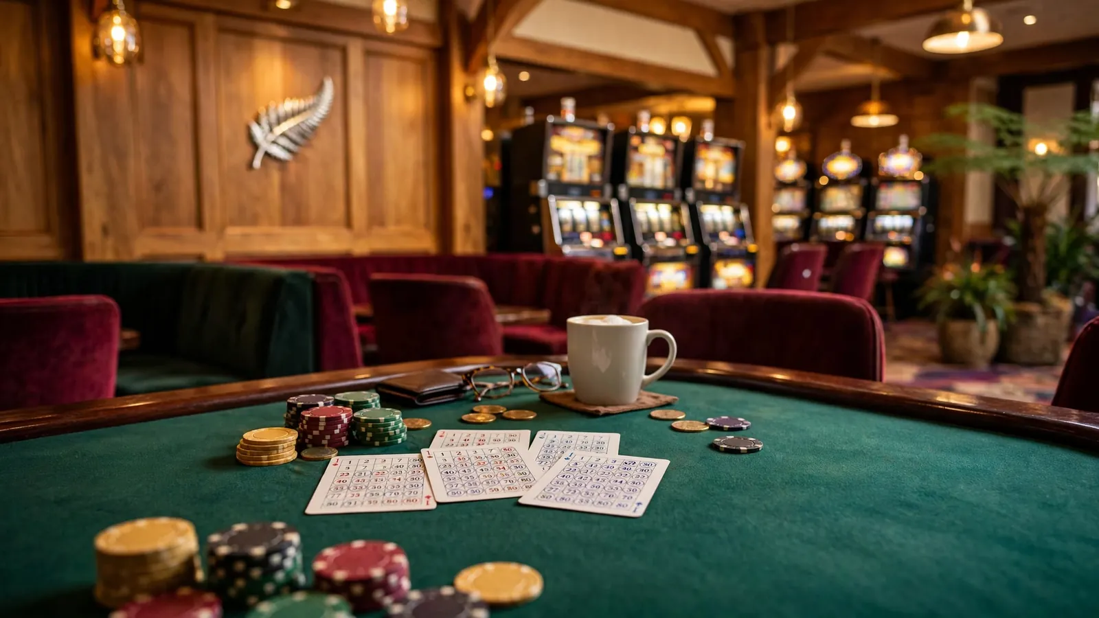 Stylish casino lounge interior with keno cards, chips, and New Zealand decor