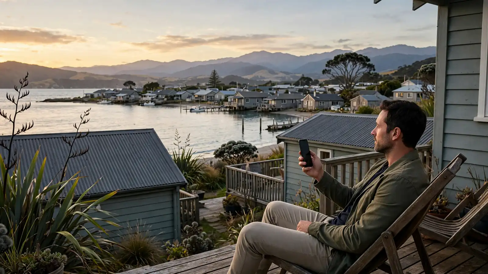 New Zealand coastal scene with person on smartphone at dusk