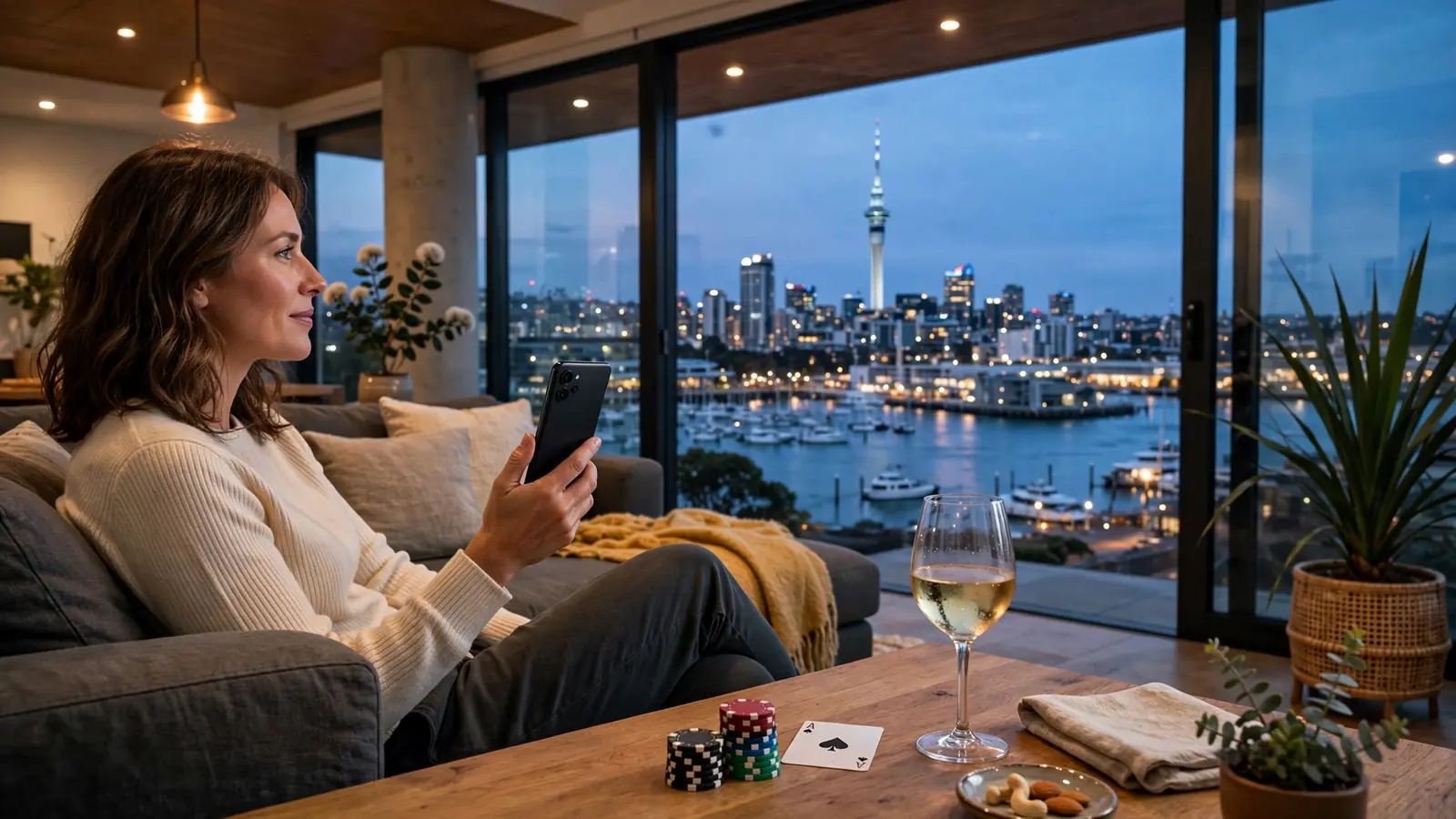 Person holding an Android phone with casino chips and a playing card on a table in a New Zealand apartment overlooking Auckland.