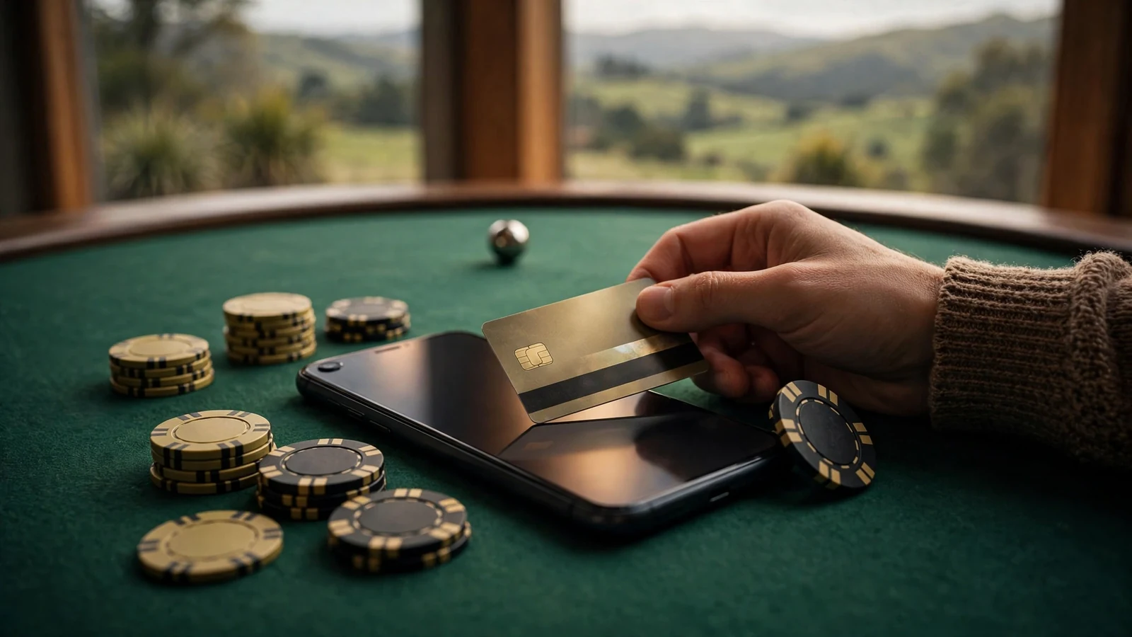 Smartphone, payment card, casino chips, and roulette ball on a green felt table