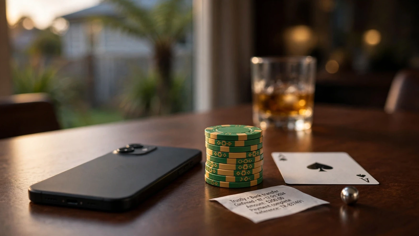 Casino chips, a playing card and a smartphone on a dark wooden desk
