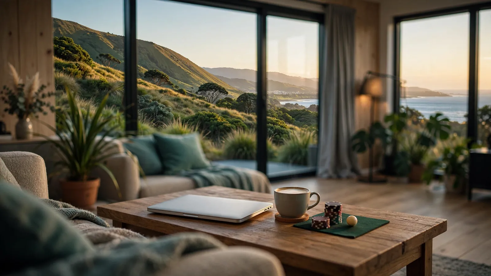 New Zealand home scene with closed laptop, casino chips, and roulette on table