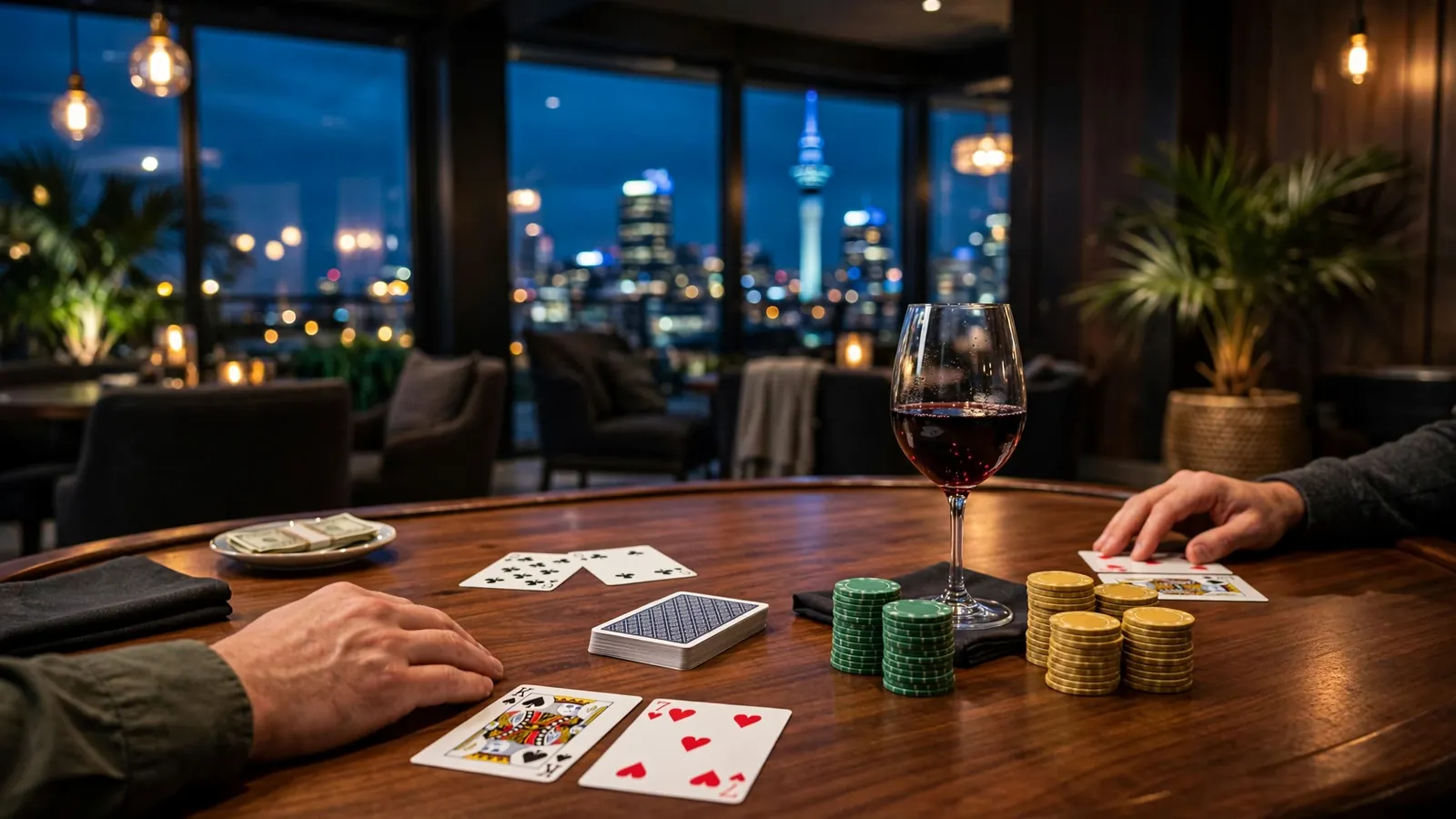Blackjack table with chips and cards in a stylish New Zealand lounge