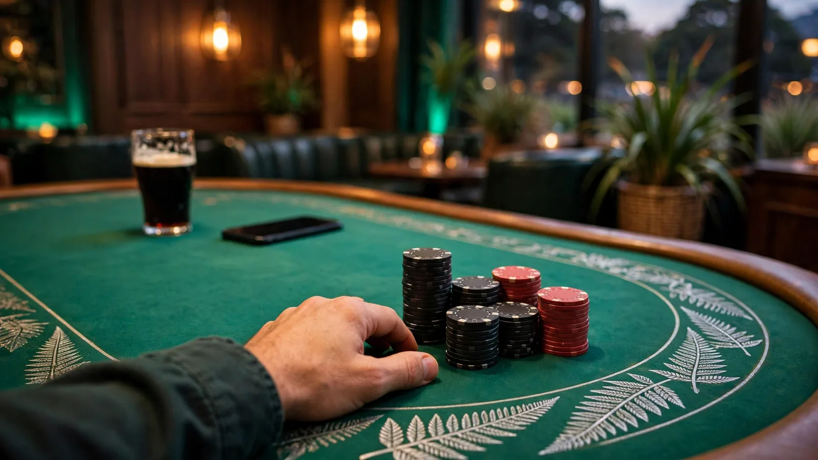 Casino table with poker chips and a player's hand in a New Zealand-themed setting.