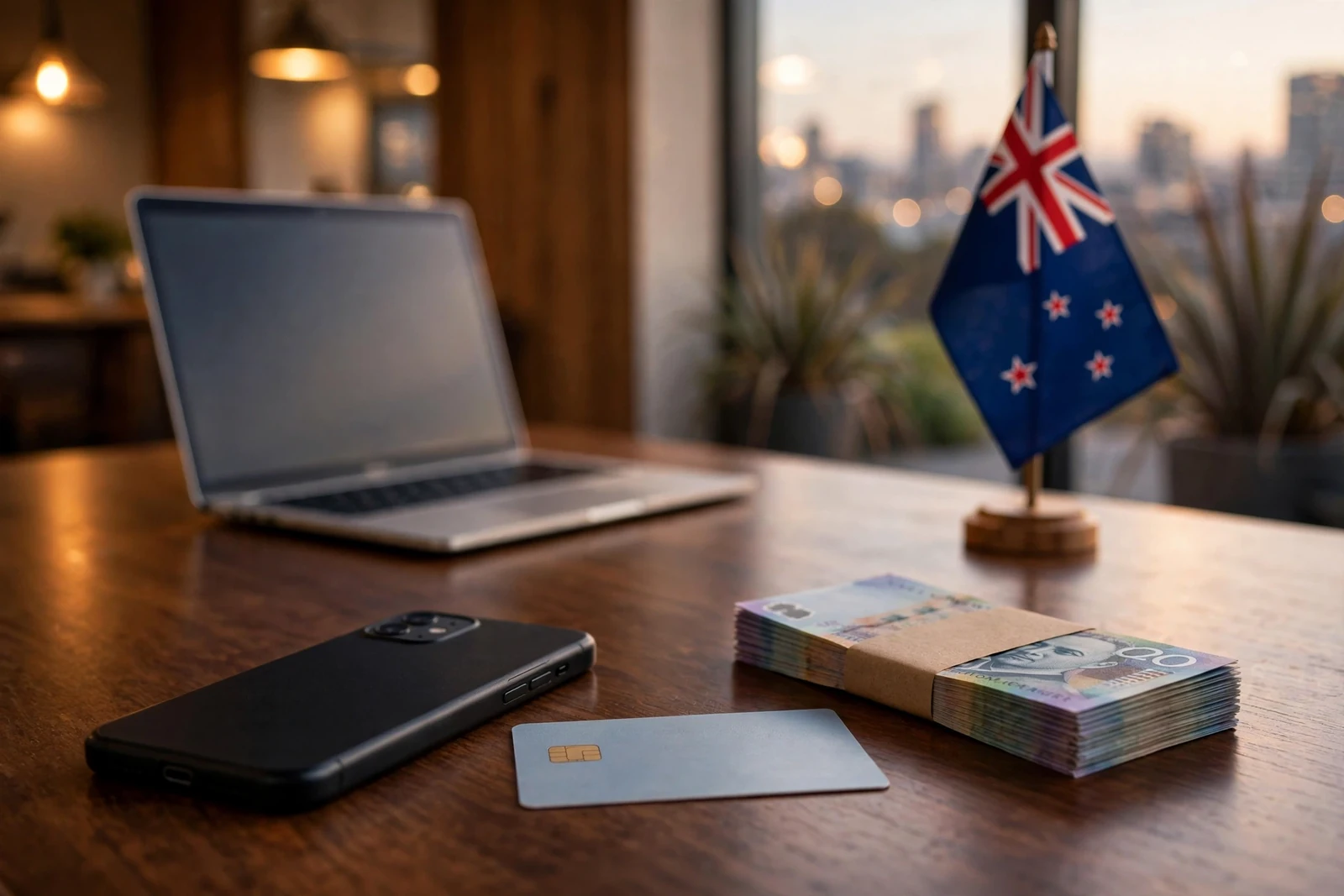 Smartphone, bank card, and New Zealand dollars on a dark table