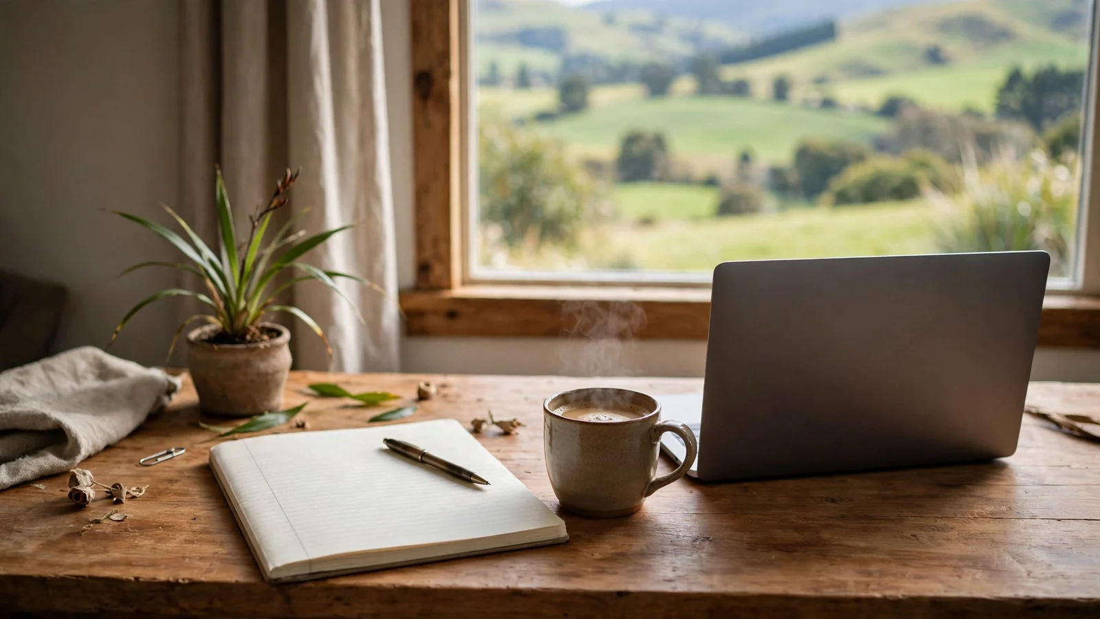 Sunlit home office desk in New Zealand with notebook, coffee mug, and closed laptop