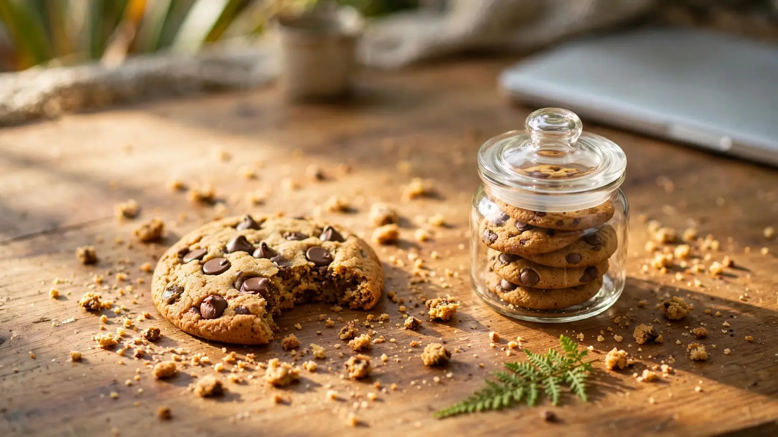 Chocolate chip cookie on a wooden table next to a jar of cookies with crumbs.
