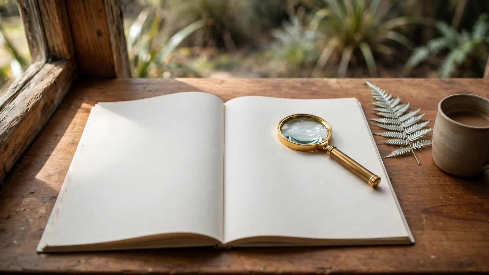 Open document with magnifying glass on wooden desk, suggesting careful review of informational content