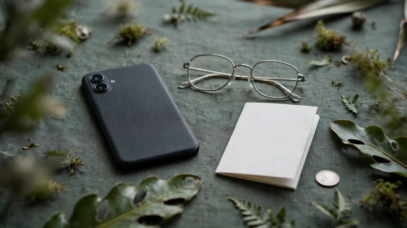 Face-down smartphone next to reading glasses and a printed rules booklet on a dark surface.