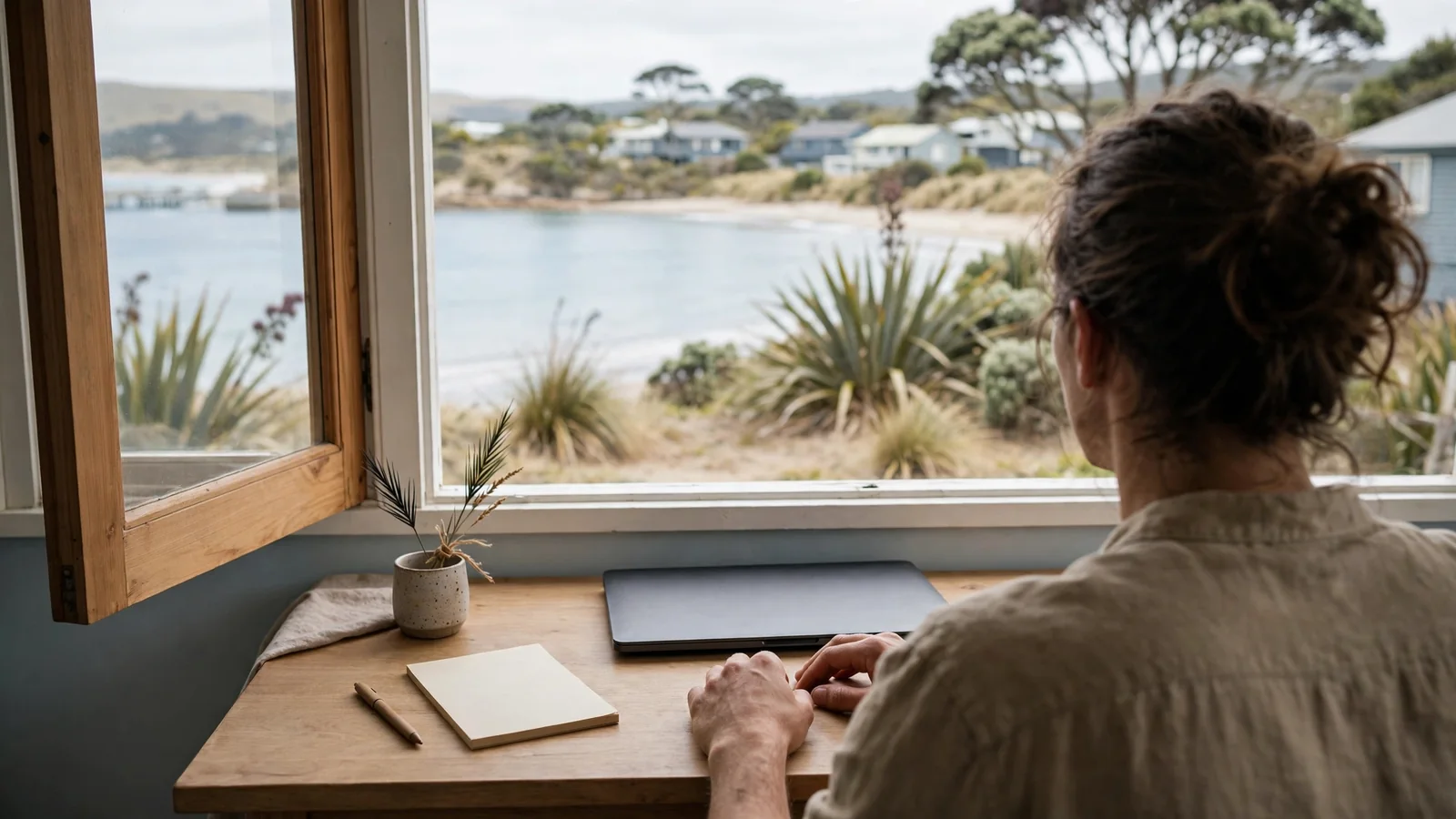 Hands resting near a closed laptop and a notepad on a quiet desk.