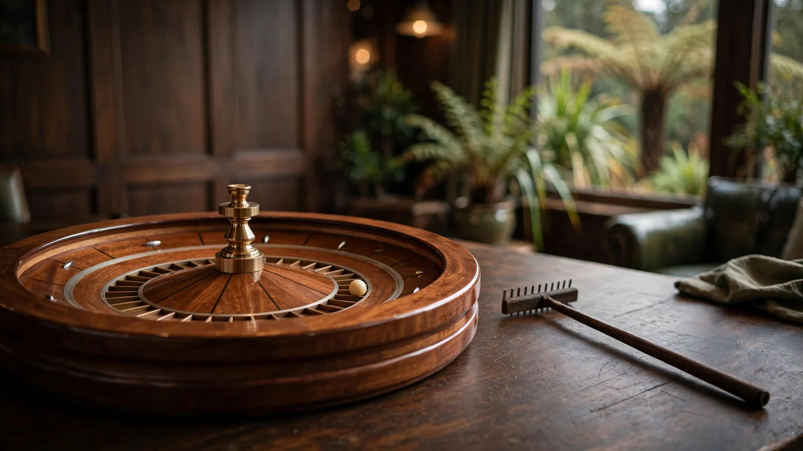 Polished wooden roulette wheel on a dark table with a small rake.