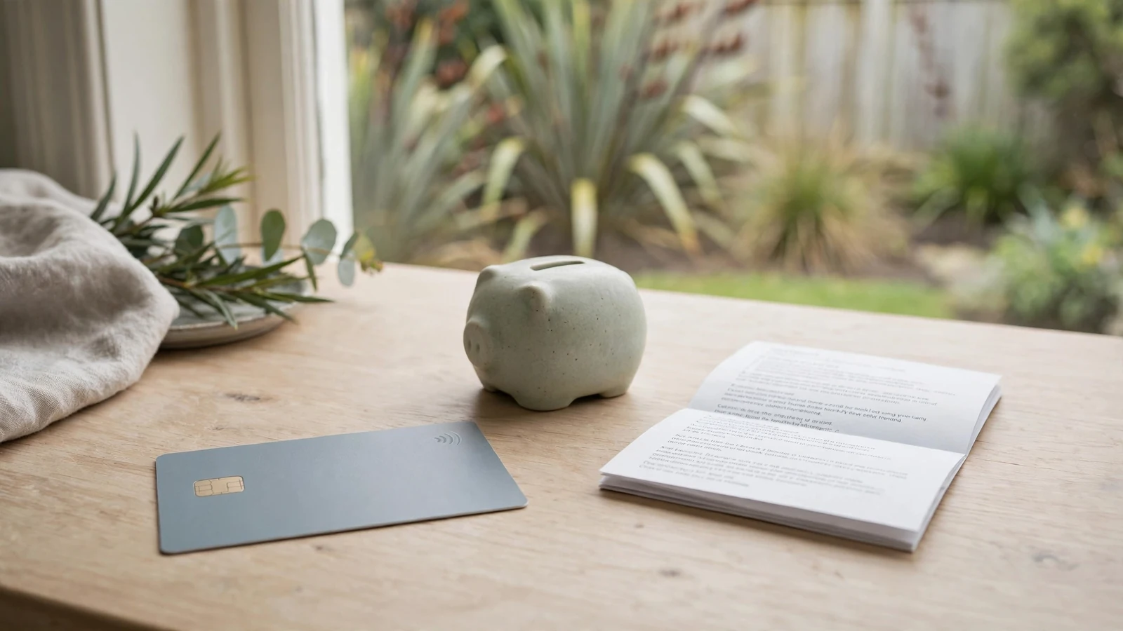 Bank card beside a ceramic money box and printed terms on a counter.
