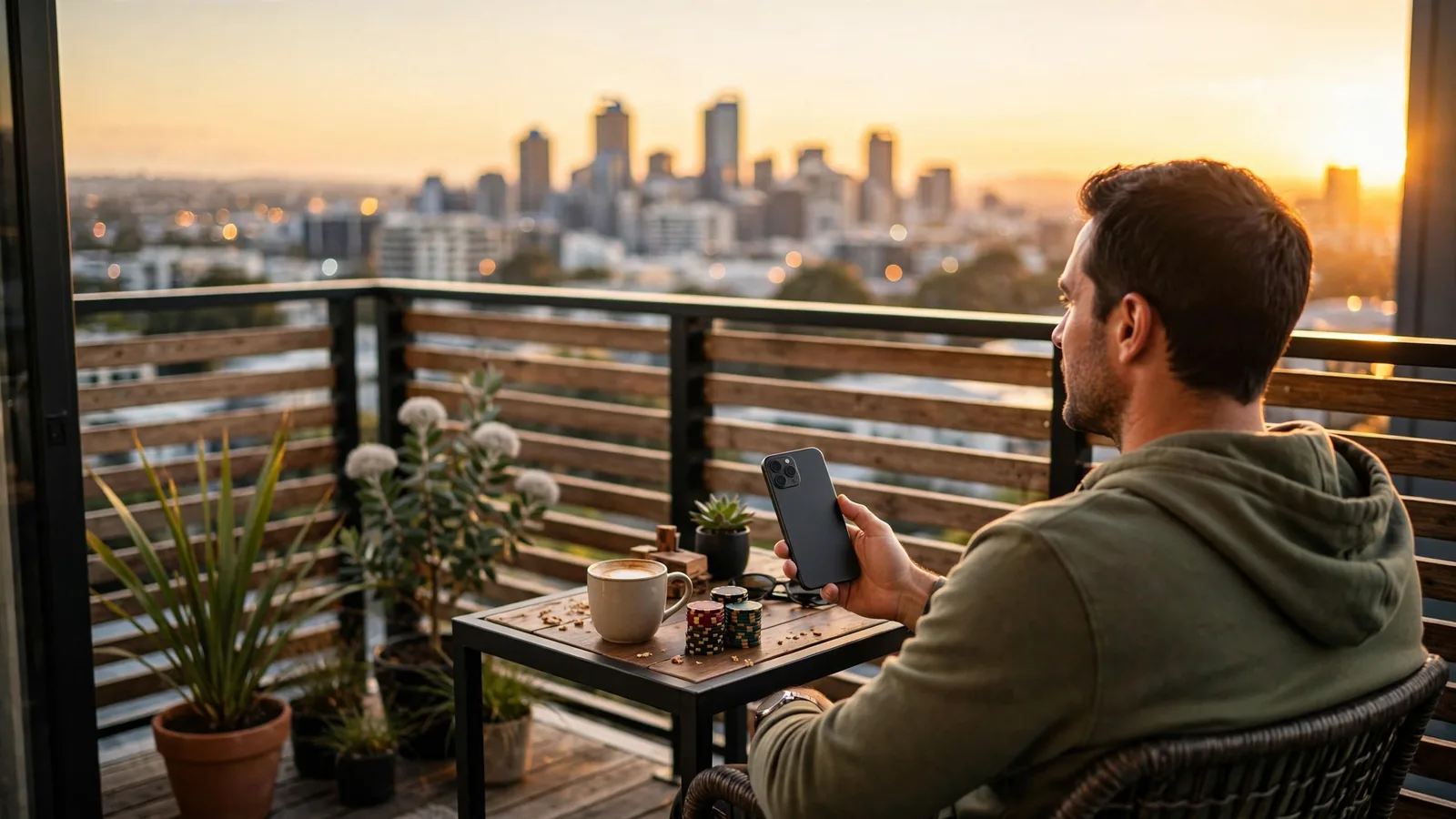 Person on Auckland balcony with smartphone and casino chips at sunset