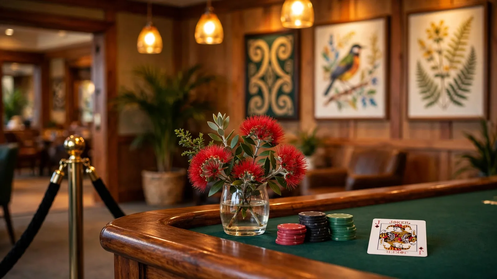 Elegant New Zealand casino lounge with chips and native flowers on the bar