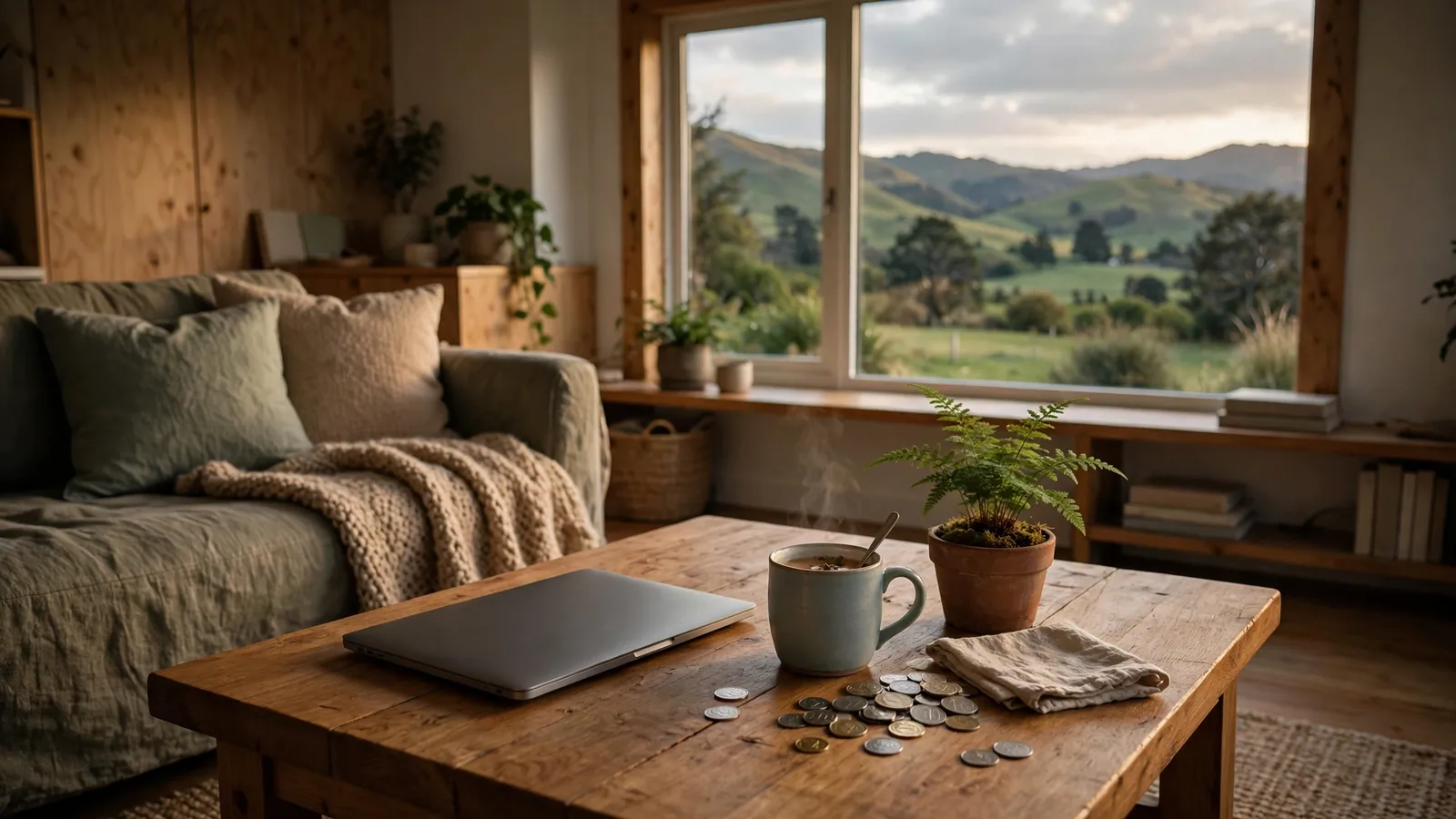 Cozy New Zealand living room with closed laptop, tea, and coins on a coffee table