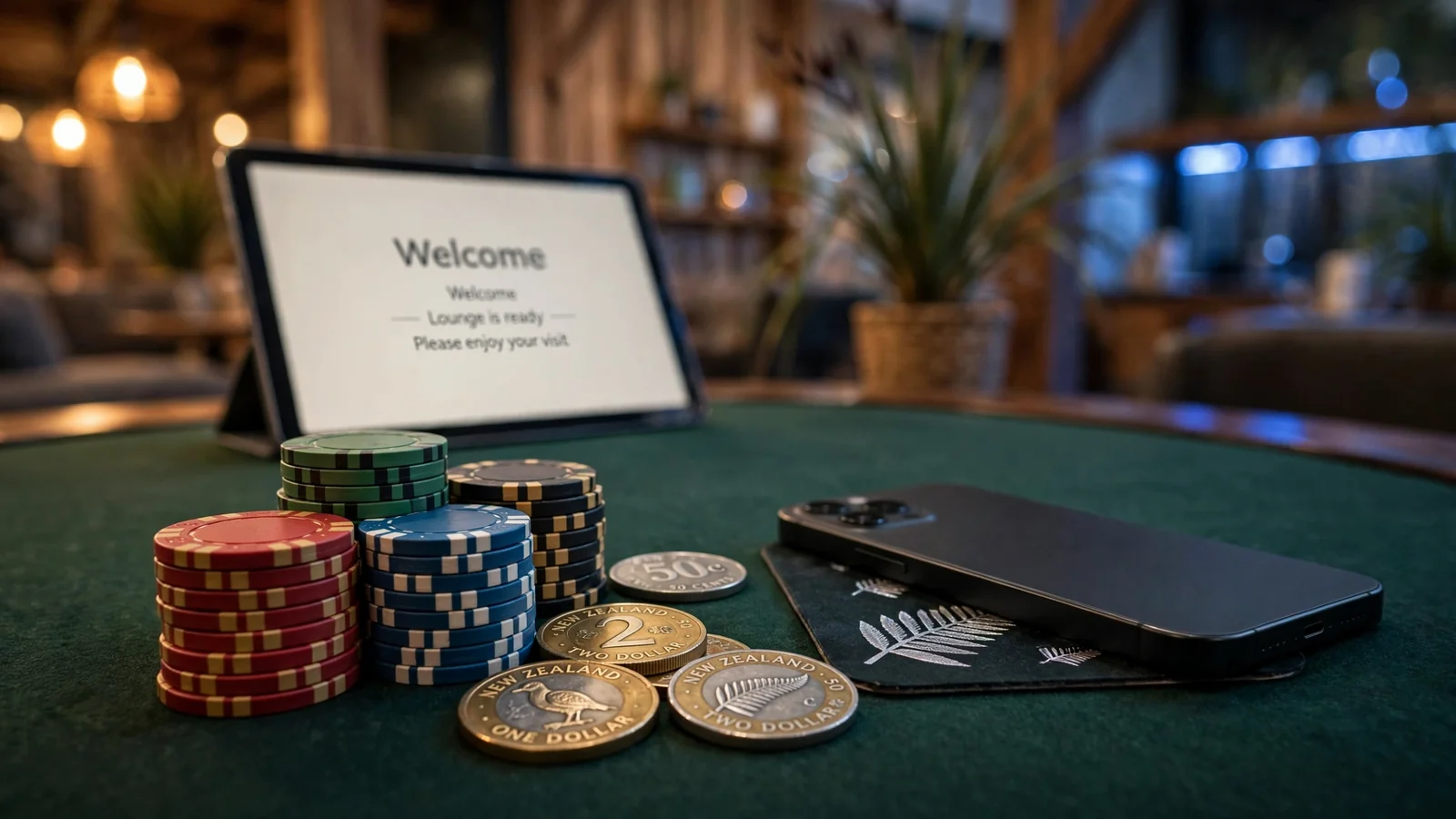 Casino chips and NZ dollars on green felt with a face-down smartphone, New Zealand ambiance.