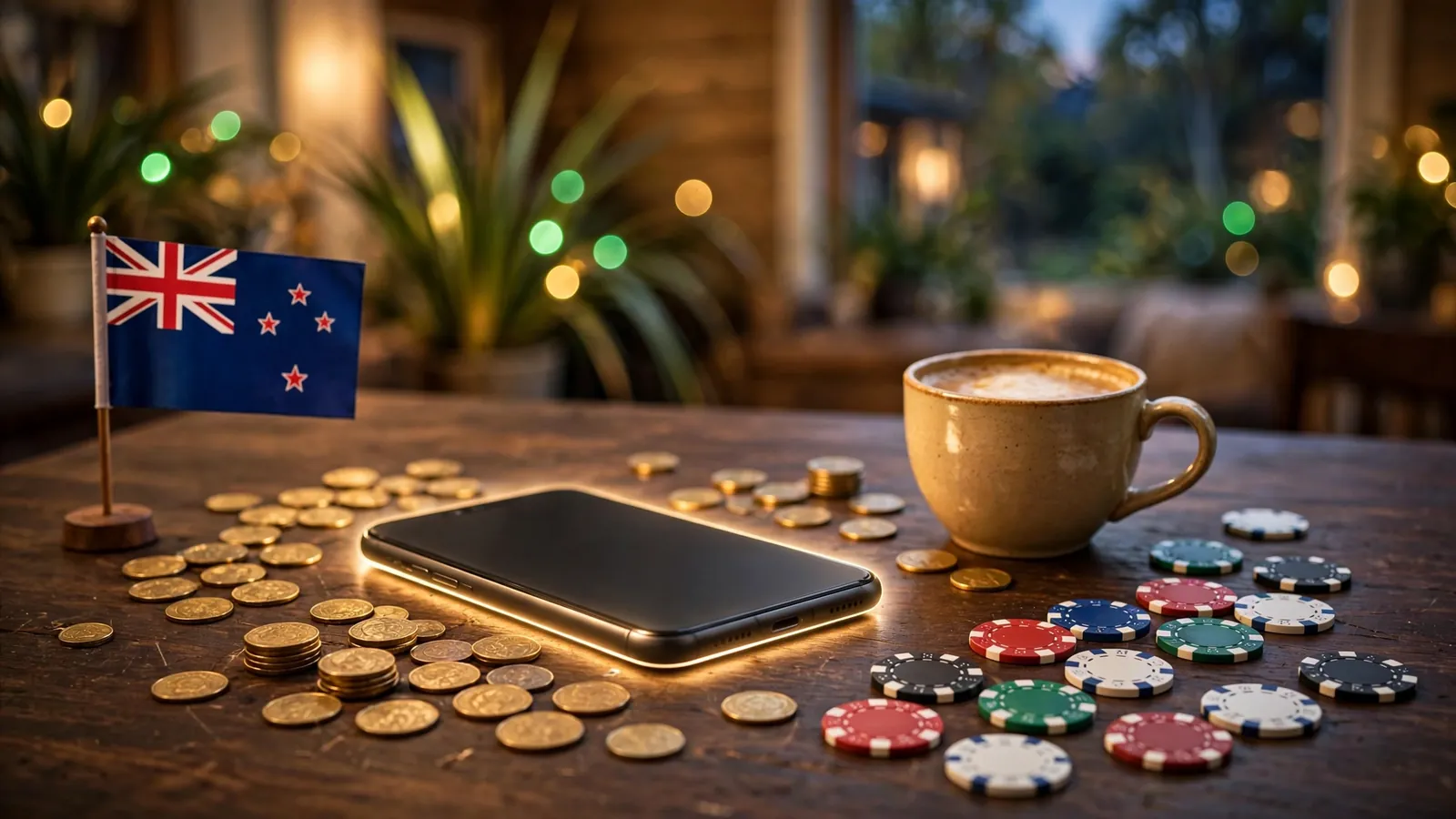 Smartphone with golden coins, poker chips, and a small New Zealand flag on a wooden table.
