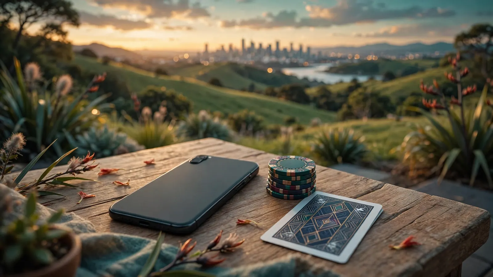 Face-down smartphone with casino chips and a card on a table, New Zealand sunset background