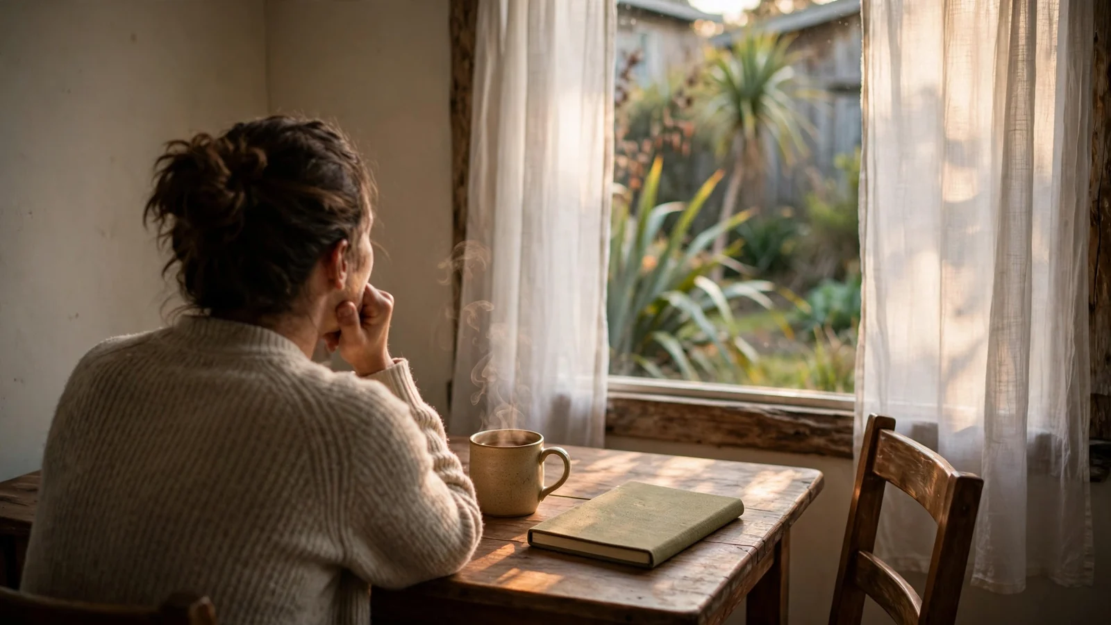 A solitary person sits thoughtfully by a sunlit window in a quiet home, pausing for reflection.