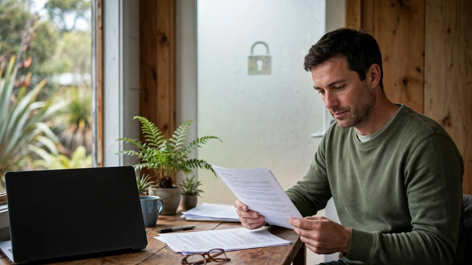 Person reviewing a privacy document at a desk with a closed laptop and padlock motif in New Zealand