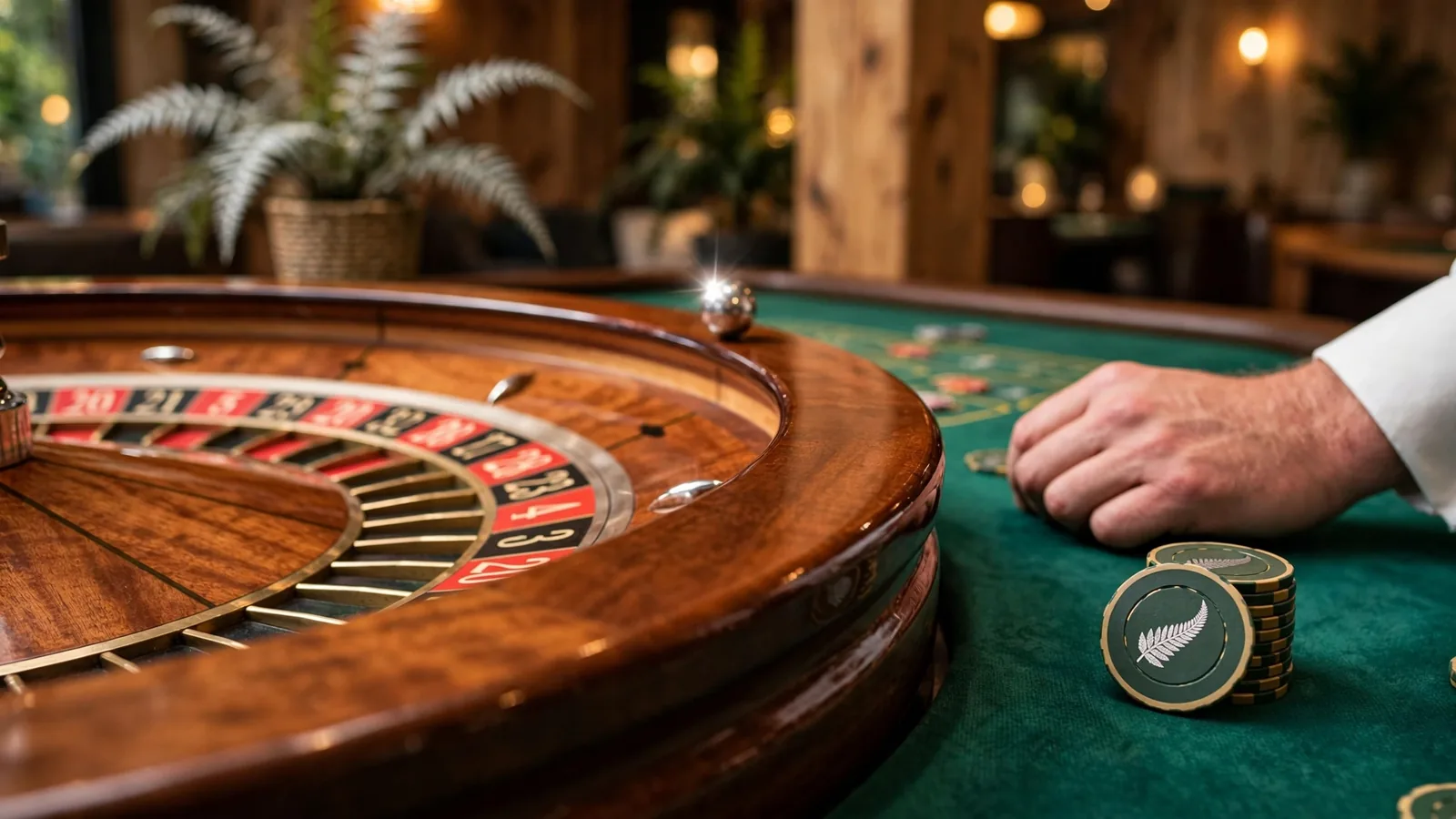 Polished roulette wheel on green felt table in elegant casino