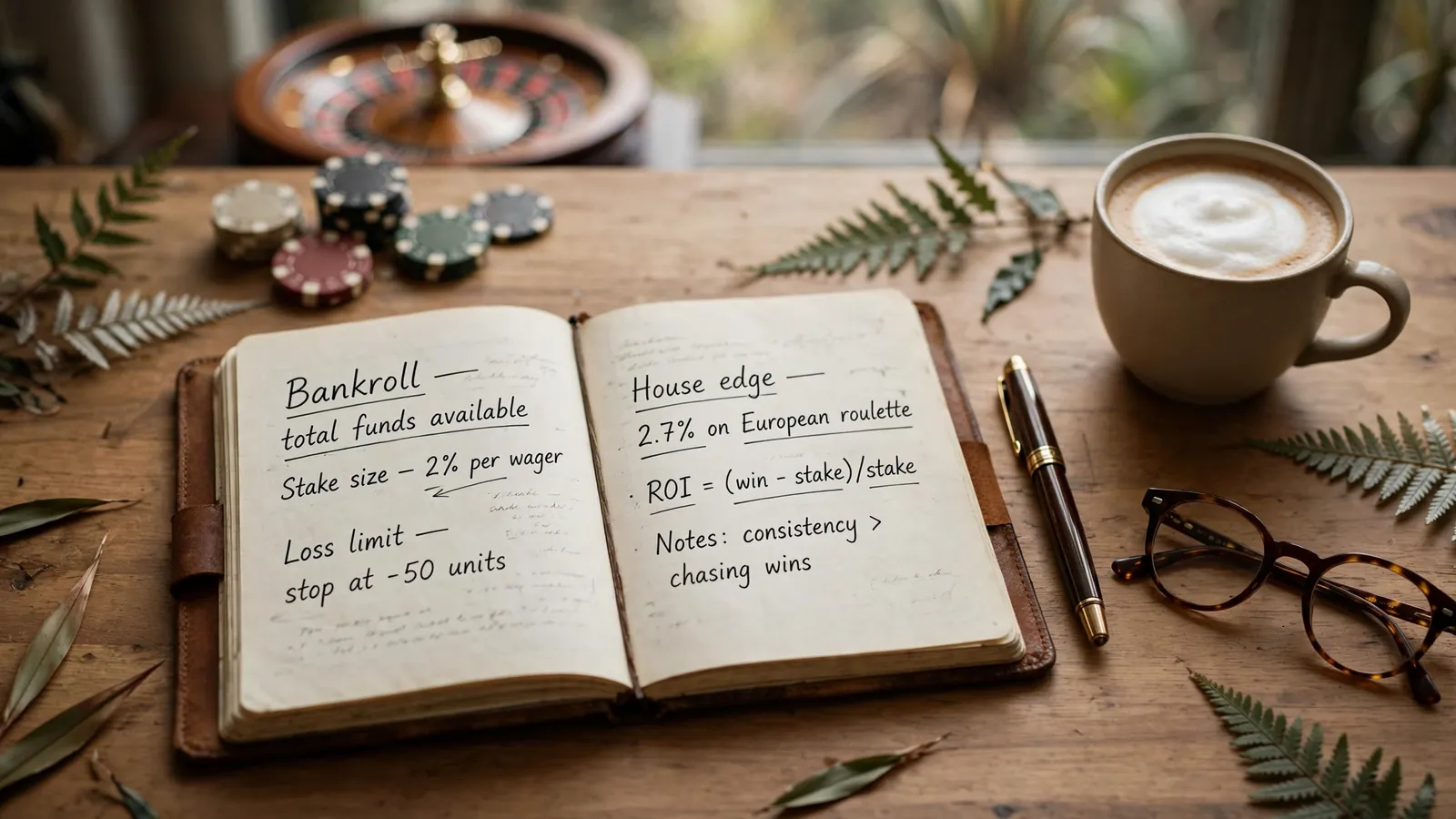 Flat-lay of a notebook with terms, pen, glasses on a wooden desk