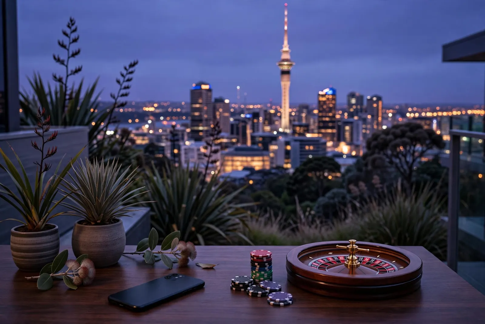 Smartphone, poker chips, and roulette wheel on a table with Auckland Sky Tower in the background at twilight.